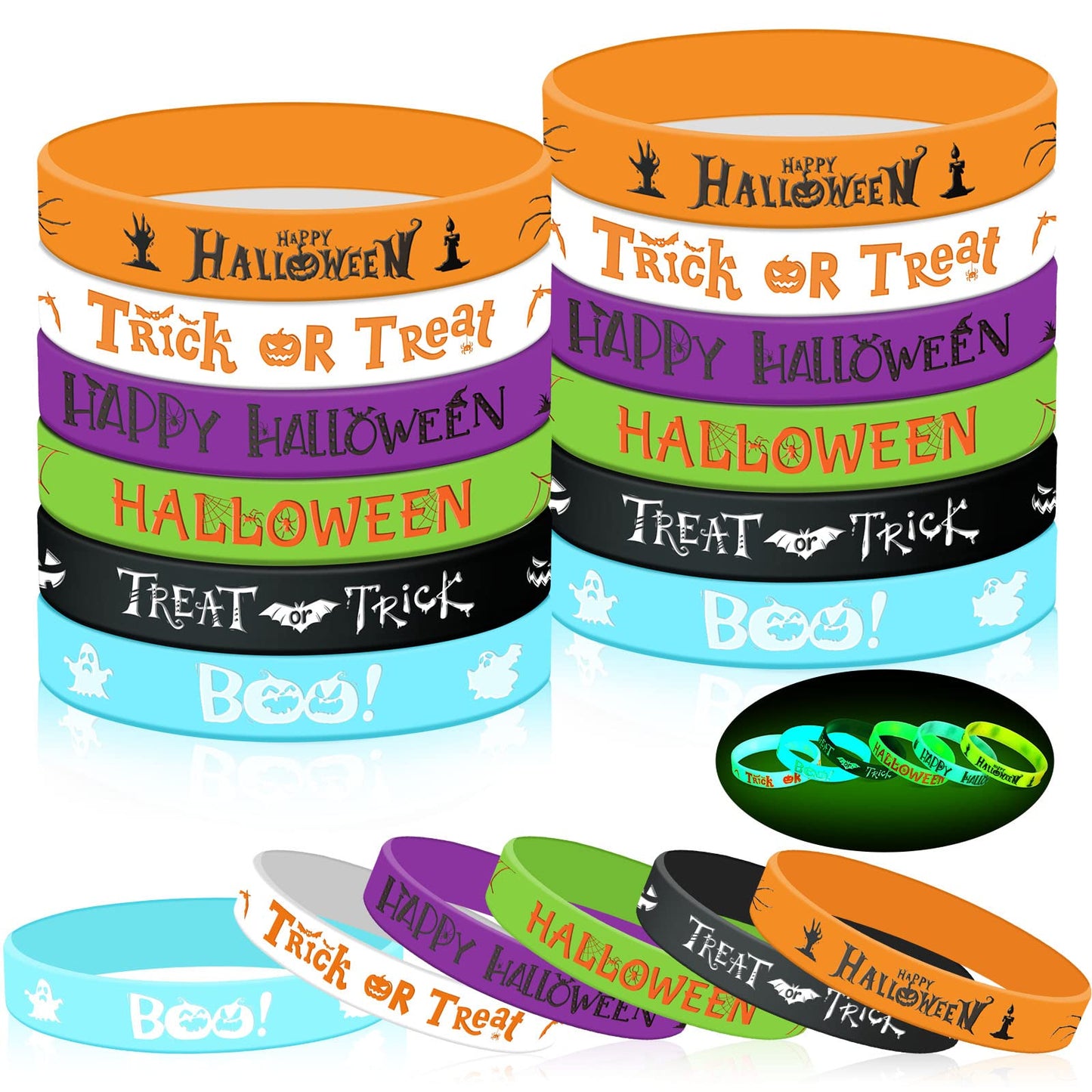 Capoda 100 Pcs Halloween Luminous Silicone Wristbands, Pumpkin Patterns Rubber Bracelets Glow in the Dark, for Kid over 6 Years 