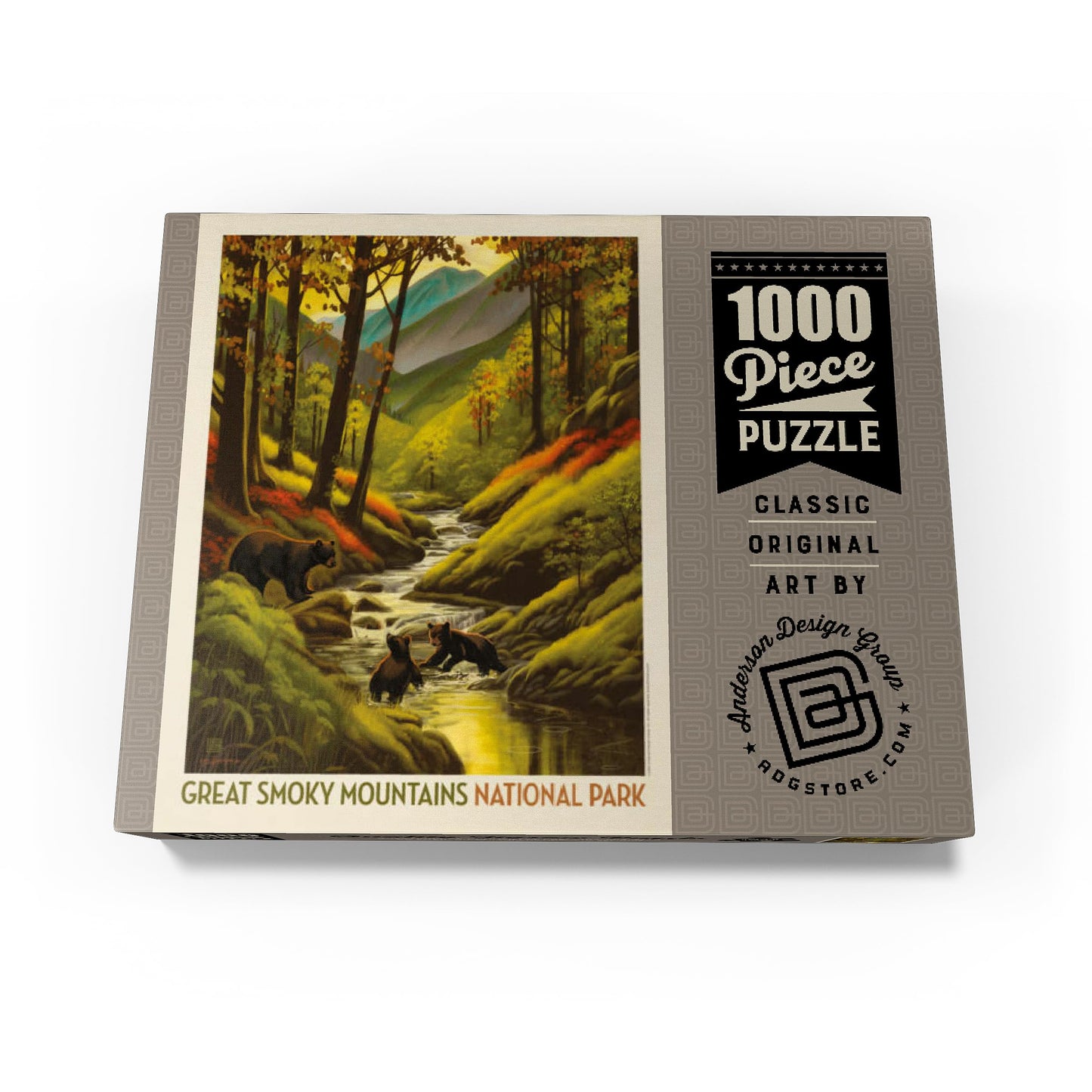 MyPuzzle Great Smoky Mountains National Park: Splashing Cubs  Vintage Poster - enhanced 1000 Piece Jigsaw Puzzle for mature-themeds