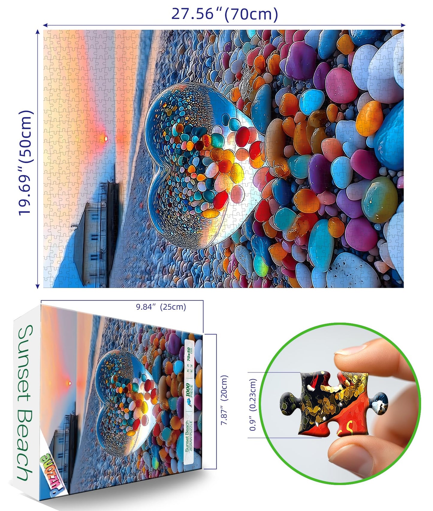 Beach Sunset Heart Jigsaw Puzzle 1000 Pieces for mature-themeds Colorful Pebbles Coastal Scene Challenging Puzzle Games enhanced 1000-Piece Puzzle for Game Night or Gift