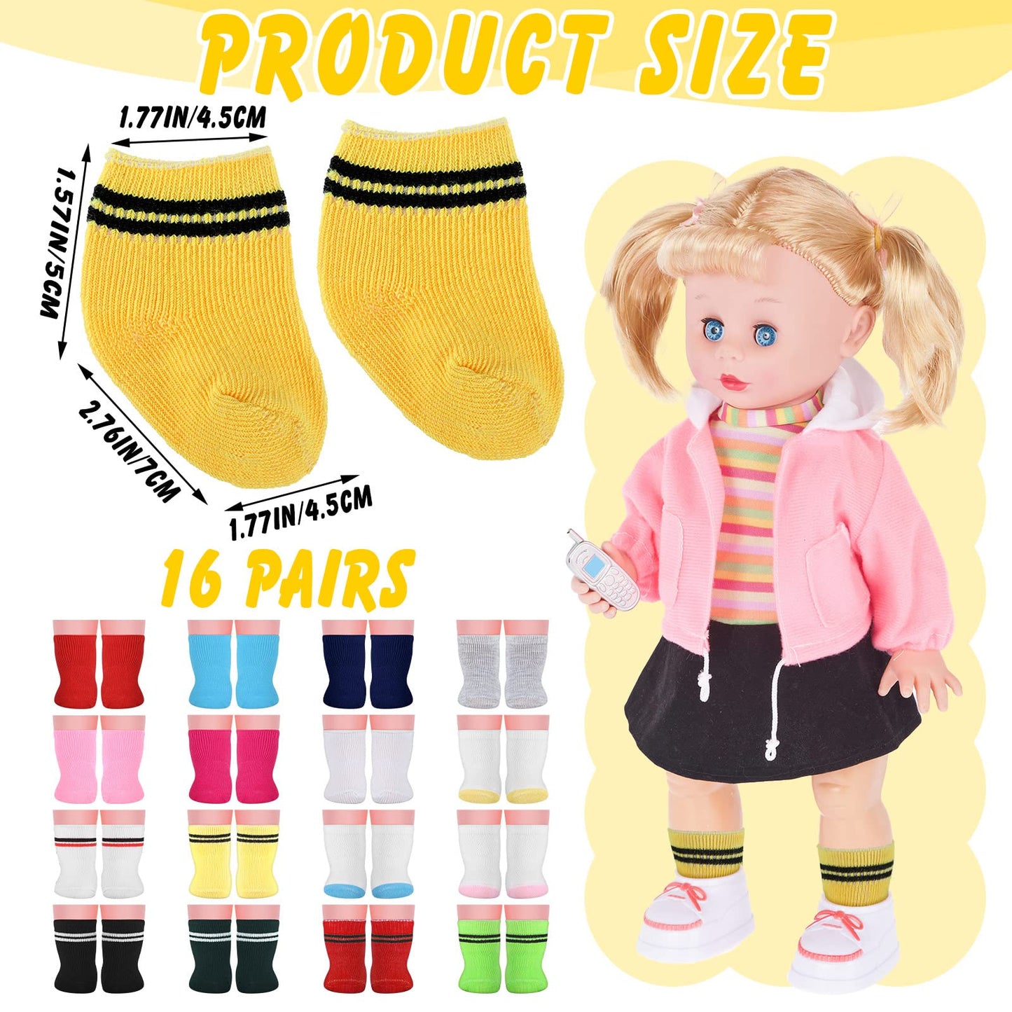 Honoson 16 Pairs Doll Socks For American 18 Inch Doll, Baby Doll Socks 18 Inch Doll Accessories Gifts For Holiday Birthday, Mult