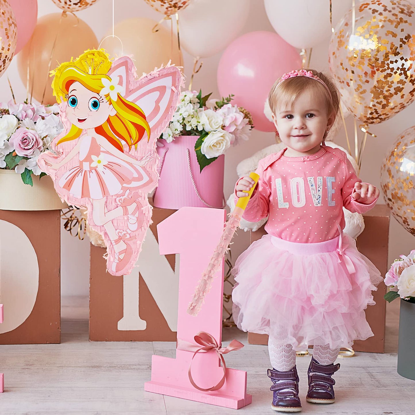 Lewtemi 4 Pcs Fairy Princess Piata Set 15.7 x 12.5 x 3  Pink Piata with Stick Blindfold Colorful Confetti, Small Piata for Girl