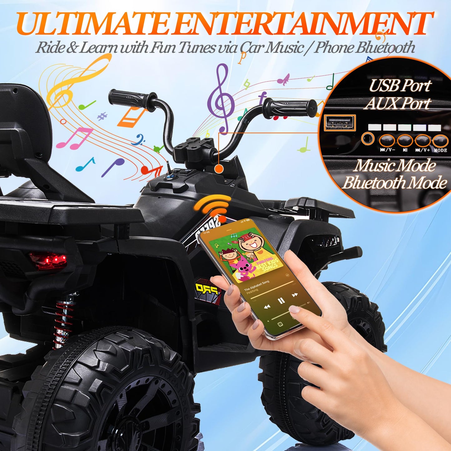 24V Kids Atv 4 Wheeler, Blissride 2 Seater Ride On Toy For Big Kids W/400W Motor, 9Ah Battery Powered, Kneepads, Bluetooth Music