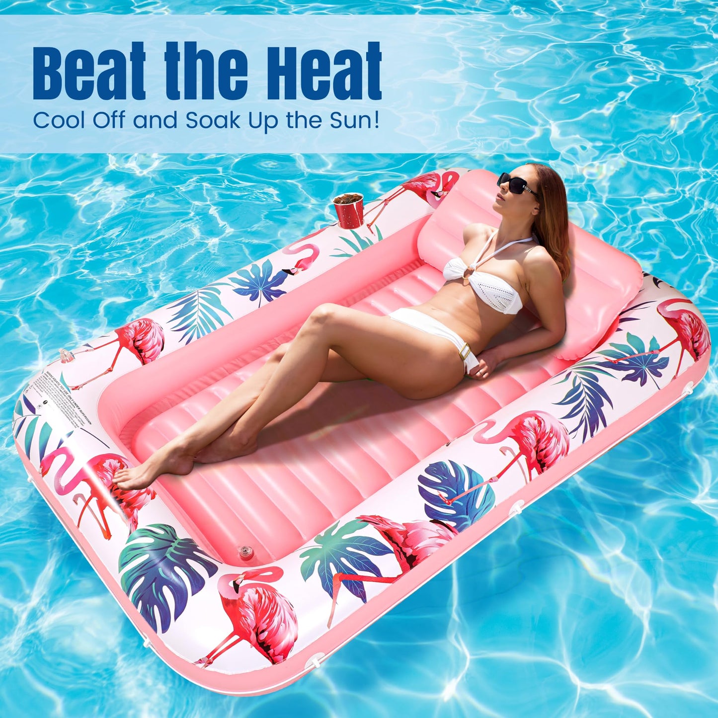 enhanced Inflatable Tanning Pool Lounger Lake Flamingo Pool Float Floaties for mature-themeds - Comfortable Design with Cup Holders and Headrest - Perfect for Beach Parties  Lake Lounging  and Tanning