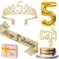 5th Birthday Decorations for Girls, Including 5th Birthday Sash and Tiara, 5 Candles and Cake Toppers, Number 5 Balloon Gold, 5t
