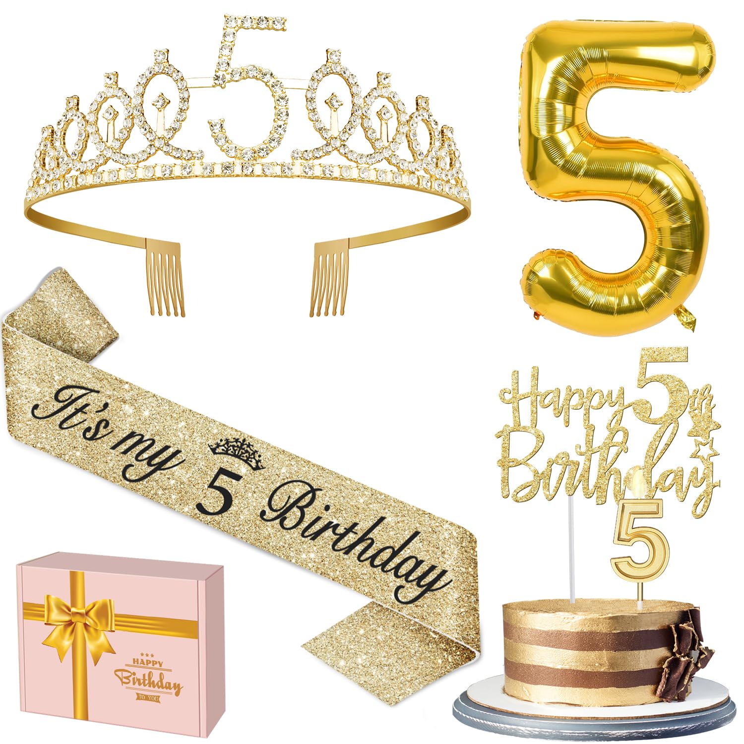 5th Birthday Decorations for Girls, Including 5th Birthday Sash and Tiara, 5 Candles and Cake Toppers, Number 5 Balloon Gold, 5t
