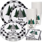 Whaline 100Pcs Christmas Tableware Set Buffalo Plaid Xmas Tree Disposable Dinnerware Set 50Pcs Paper Plates 25Pcs Napkin 25Pcs C