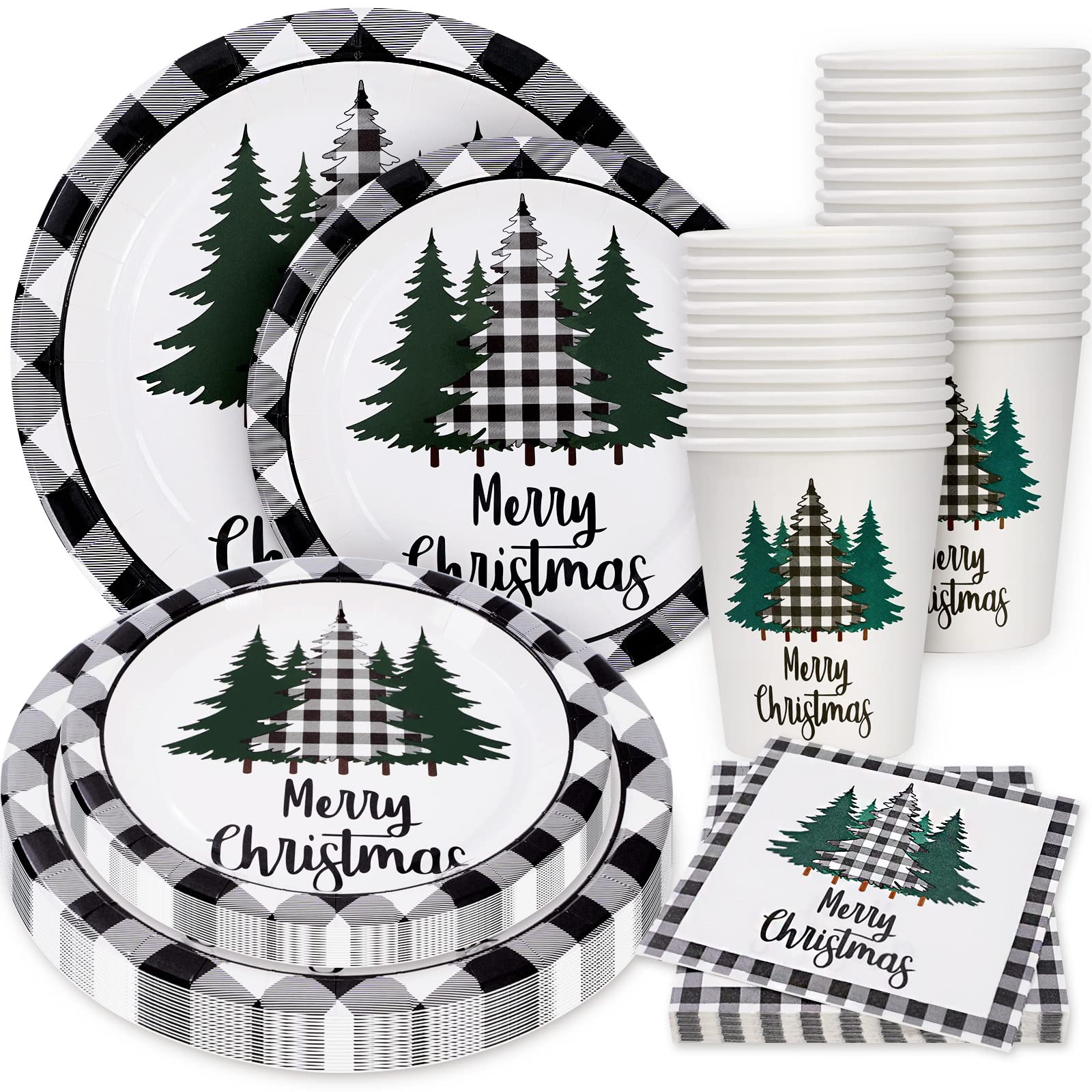 Whaline 100Pcs Christmas Tableware Set Buffalo Plaid Xmas Tree Disposable Dinnerware Set 50Pcs Paper Plates 25Pcs Napkin 25Pcs C