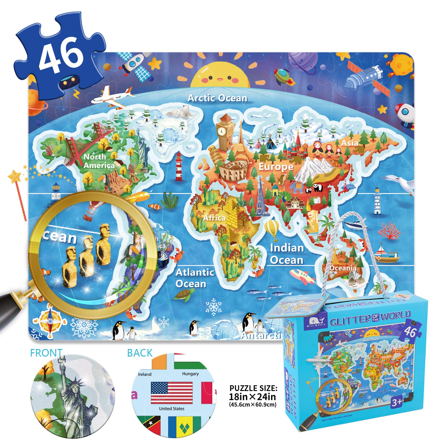 Miniwhale Kids Puzzle For Kids Ages 4-8 World Map Floor Puzzle Raising Children Recognition Promotes Hand Eye Coordinatio (Loose