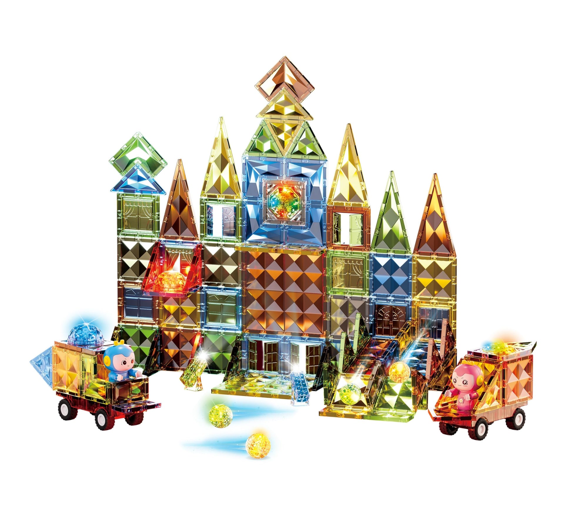 Deluxe Quality Magnetic Tiles Building Set with Attractive Reflective Pattern  LED Lights  Marble Run  and Cars - STEM Educational Toy for Creative Kids Girls Boys 3+ (147 pcs Big Castle with 2 Cars)