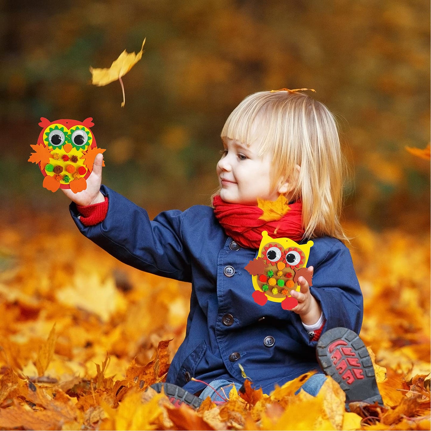 Winlyn 24 Sets Foam Owl Decorations DIY Fall Craft Kit With Autumn Leaves, Pumpkins, Googly Eyes, Pom-Poms for Kids Gift Hallowe