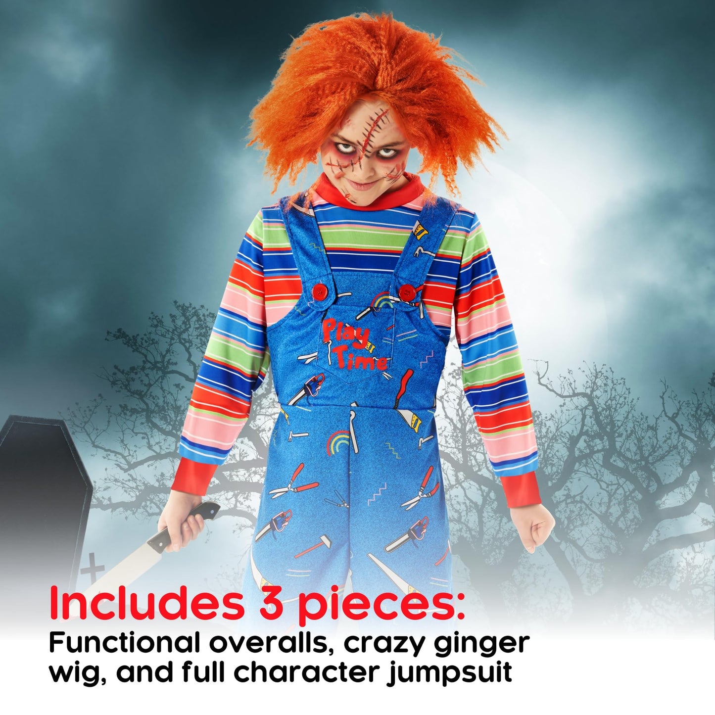 Morph Play Time Killer Costume For Boys - Horror Movie Halloween Costume With Wig For Kids, Large