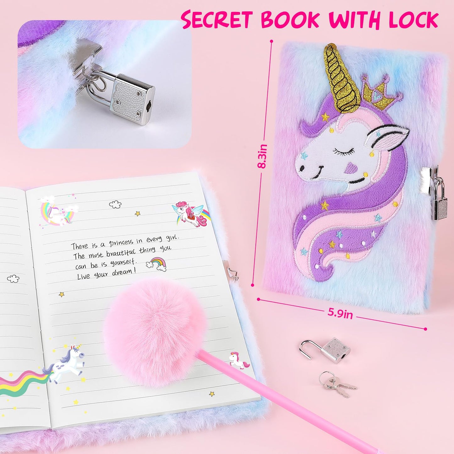 Unicorns Gifts For Girls 4 5 6 7 8 9 10+ Years Old With Unicorns Handbag Purse/Diary With Lock/Headband/Eye Mask/Water Bottle, K