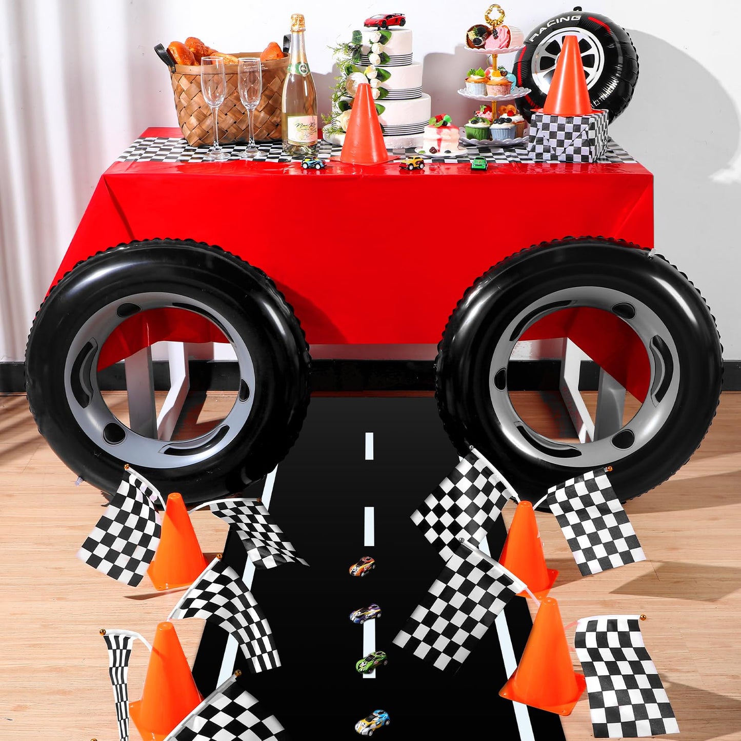 Remagr 24 Pieces Race Car Party Supplies Include Traffic Cones Checkered Flag Race Flags Checkered Tablecloth Race Track Running