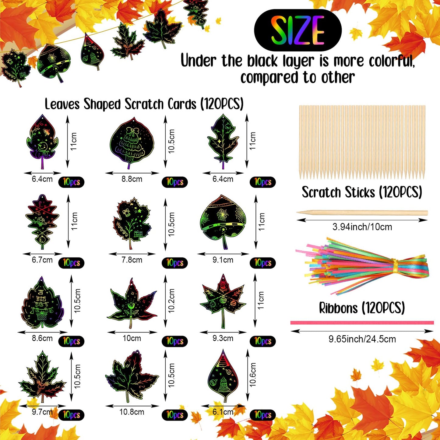 Qilery 120 Pcs Fall Thanksgiving Craft Art Activities Autumn Magic Leaves Scratch Paper Harvest Colorful Rainbow Leaf Scratch Ki