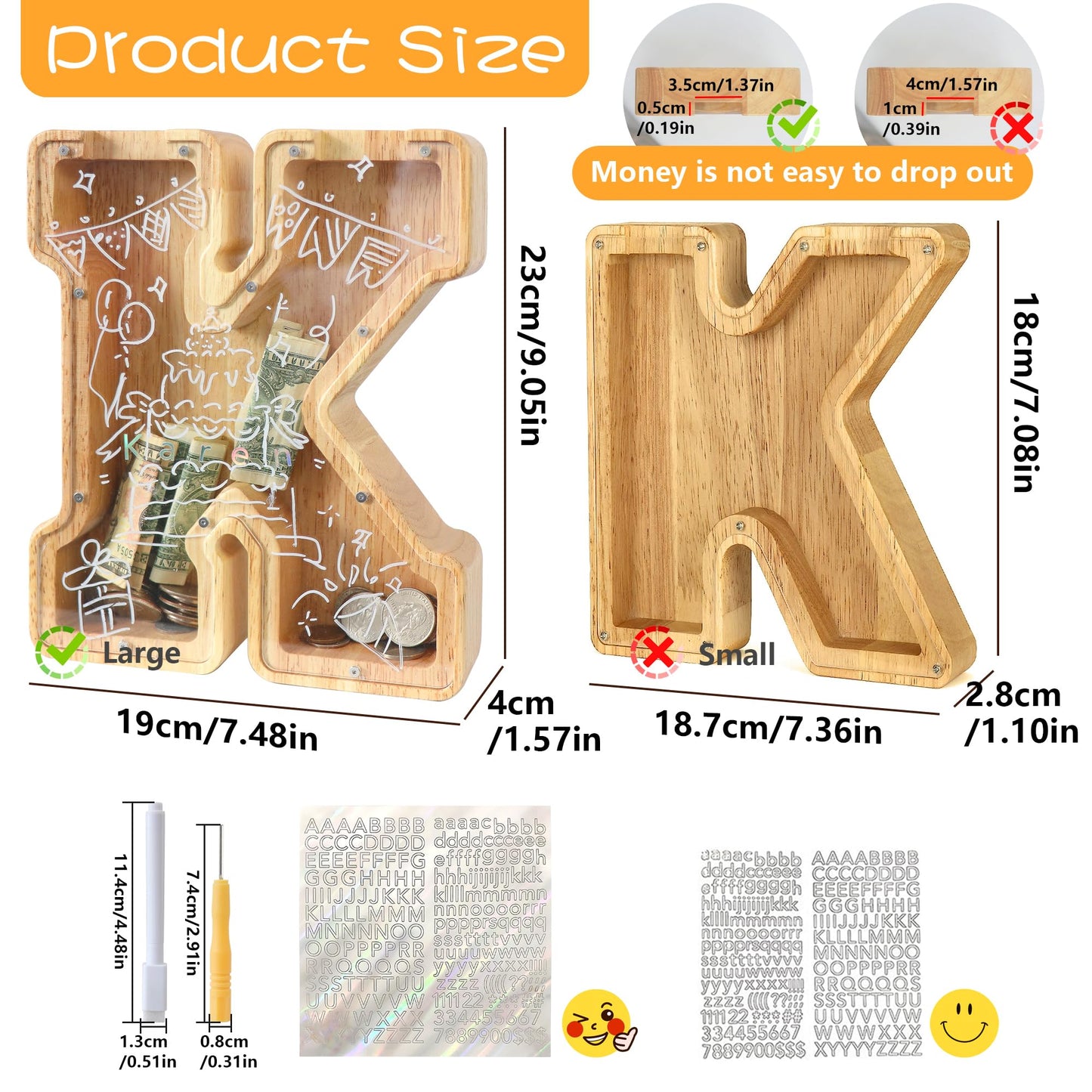 weallbuy Large Letter Piggy Bank for Kids Boys Girls Wooden Personalized Piggy Banks A-Z with Target Area Clear Alphabet Banknote Coin Banks for Gift Decoration Baptism (K)