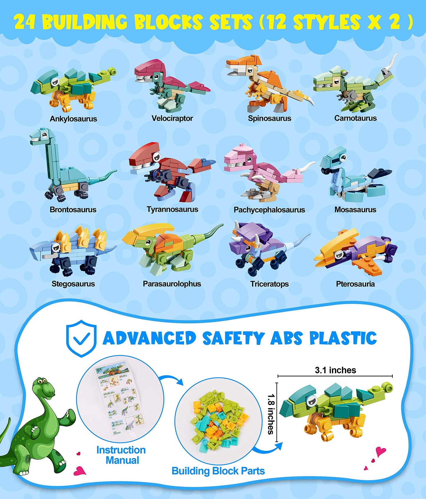Colplay 24 Packs Valentines Day Gifts For Kids Classroom-Dinosaur Building Blocks With Valentines Day Cards For Kids School & Stickers, Exchange Valentines Party Favors Boxes For Kids Boys Girls
