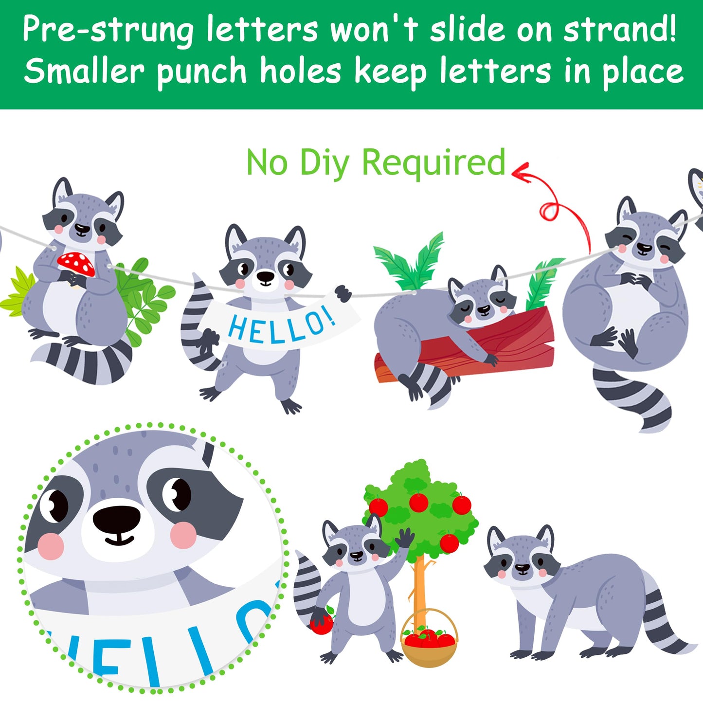 Raccoon Birthday Party Banners 3Pcs Gold Glitter Happy Birthday Decorations Woodland Themed Forest Animal Baby Shower Supplies