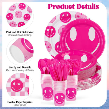 Durony 350 Pcs Preppy Birthday Decorations 50 Guest Disco Cowgirl Party Supplies Pink Smiley Face Paper Plate Cup Napkin Cutlery