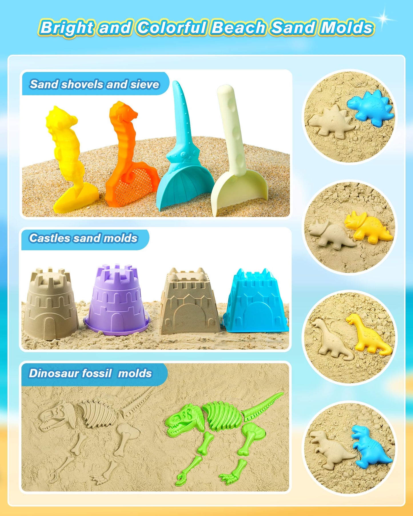 DISHIO Beach Sand Toys for Kids Sand Box Beach Toys with Mesh Bag,Sand Castle Bucket and Shovel,Sand Molds,Waterig Can, Sieve, D