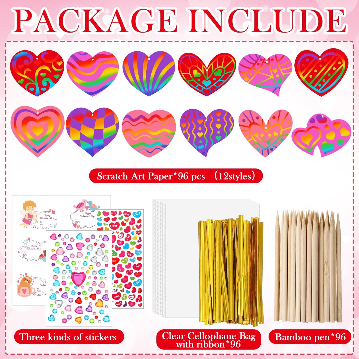 Kolldenn 96 Pcs Valentines Day Scratch Paper Ornaments Heart Scratch Off Cards Ornament Rainbow Art DIY Scratch Off Paper for K