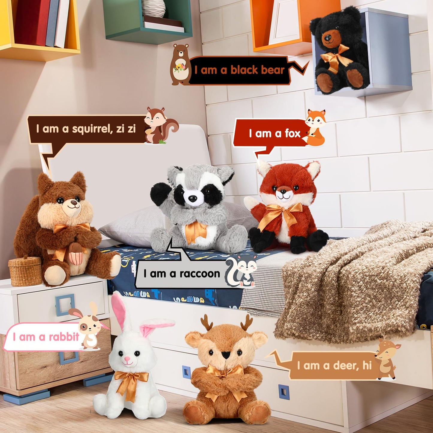 Syhood 6 Pieces Woodland Stuffed Animal Set 11.8 Inch For Baby Shower Plush Woodland Toy Wild Stuffed Animals For Themed Parties