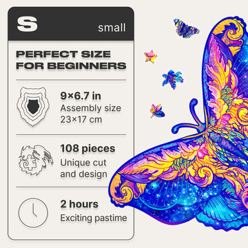Unidragon Original Wooden Jigsaw Puzzles - Intergalaxy Butterfly, 108 Pcs, Small 9''X6.7'', Beautiful Gift Package, Unique Shape