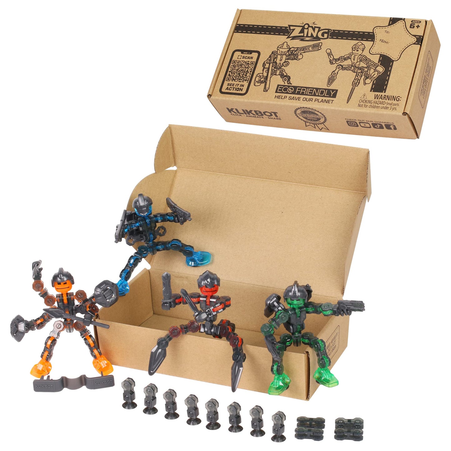 Zing Klikbot Action Figures Set of 4, Poseable Plastic Toys, Multicolor, Model KB100G-FF, for Ages 6 and Up, Stop Motion Animation