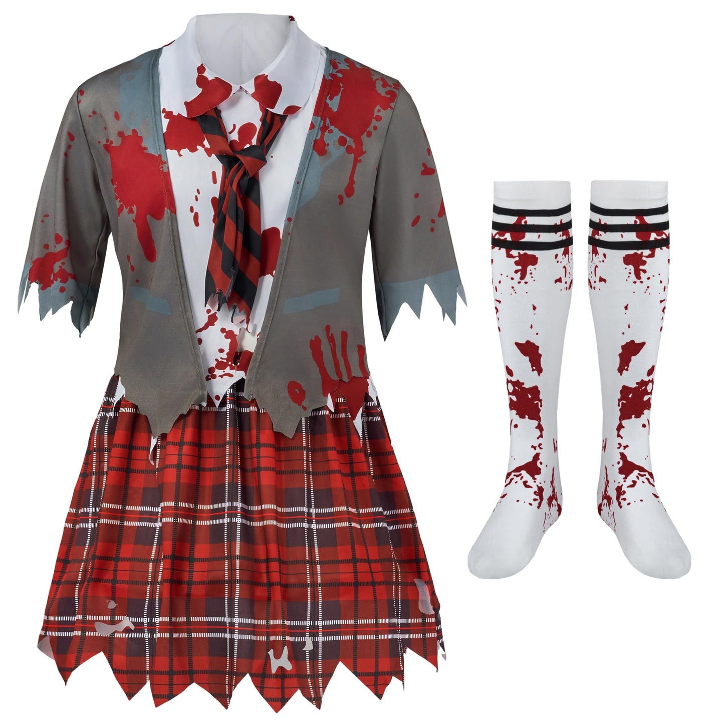 Spooktacular Creations Zombie Schoolgirl Costume  Halloween Girl Bloody Zombie Costume for Kids Halloween  School  Event Party Dress Up (Gray  Large(10-12 yrs))