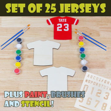 Attatoy Sports Kids Wooden Craft Kit (Party-Pack); Sport Jersey Decorating Art Painting Set w/ 25 Sports Shirt Cutouts