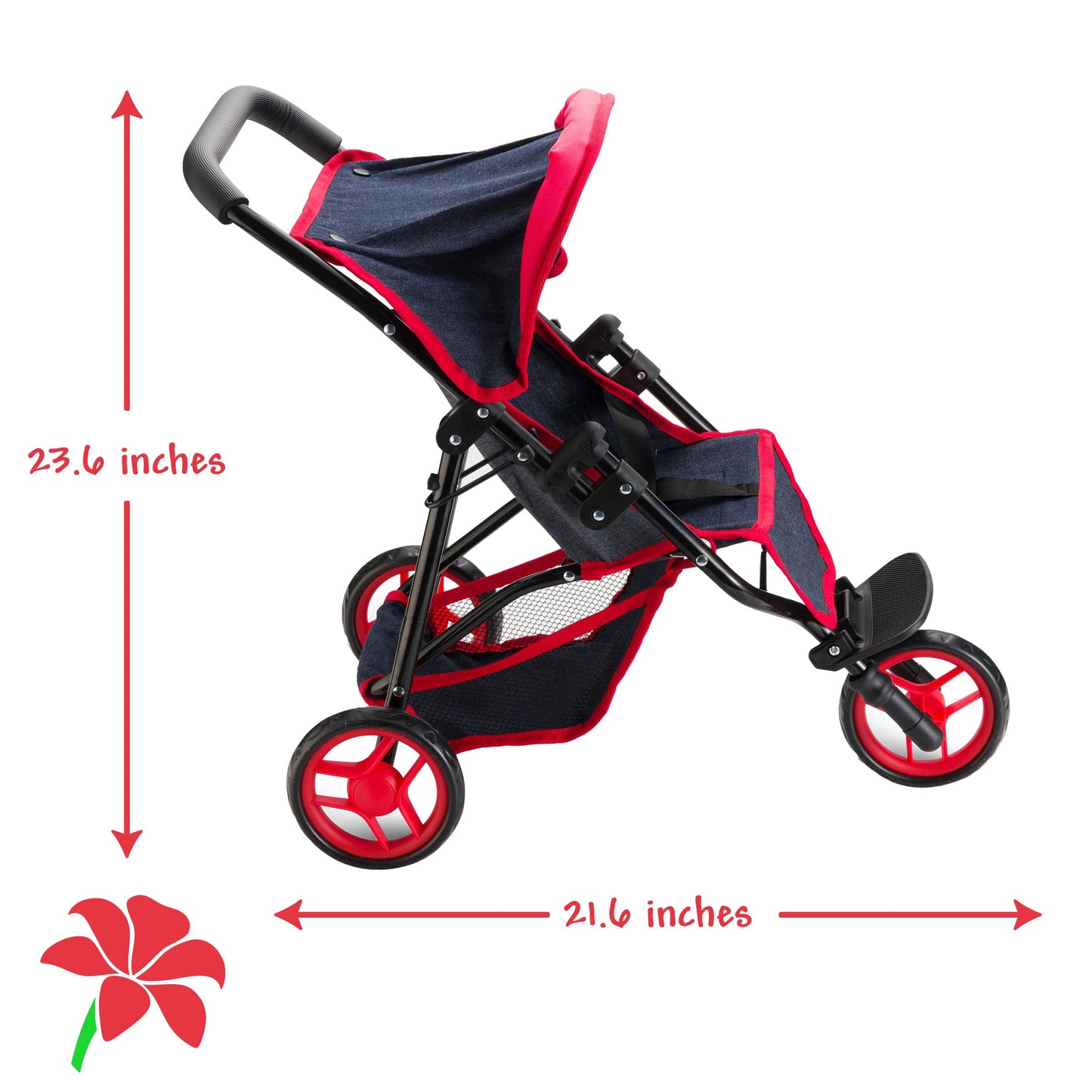 Baby Doll Stroller For Dolls - Jogger Toy Doll Stroller For Toddlers 3 Years And Up, Adjustable Canopy & Storage Basket, Denim Design For Kids