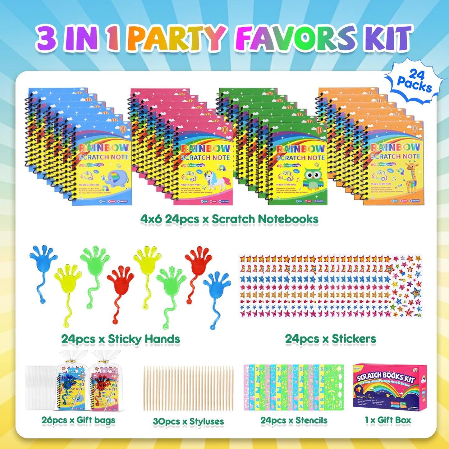 JMMICO 24 Pack Scratch Art Notebook+Sticky Hands+Stickers,Scratch Art Christmas Party Favors for Kids,Birthday Bulk Toys,Christm