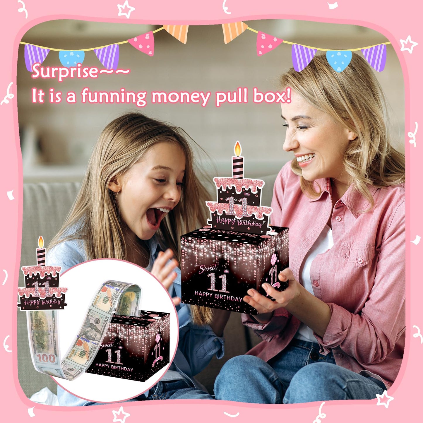 Meiidoshine Sweet 11Th Birthday Money Box For Cash Gift, Surprise Pull Out Money Gift Box With 100Pcs Transparent Bags - Fun Way