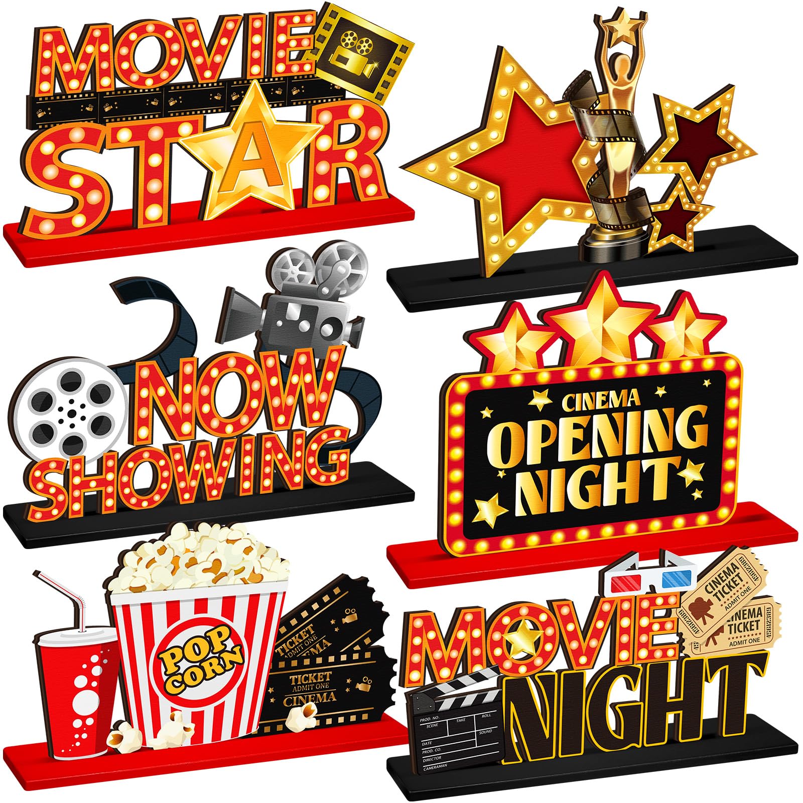 6 Pcs Movie Night Party Decorations Movie Wooden Table Centerpiece Ticket Star Video Popcorn Table Sign Tabletop Decor for Birth