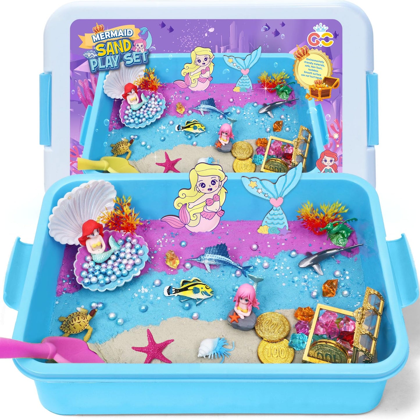 G.C Mermaid Sensory Bin for Girl Kid Toy, 103pcs Play Sand Art Kit with Sandbox/2lb Color Sand/6 Molds/Treasure Box/Shell, Ocean