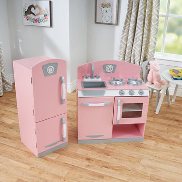 KidKraft Retro Wooden Play Kitchen and Refrigerator 2-Piece Set with Faucet, Sink, Burners and Working Knobs, Pink, Gift for Age