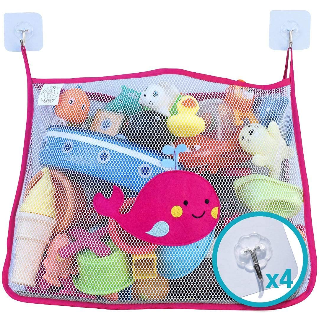 COSY ANGEL Baby Bath Toy Bag for Bath Toy Large Organiser Bathroom Storage Net with 4 Waterproof SelfAdhesive Hooks (Pink)