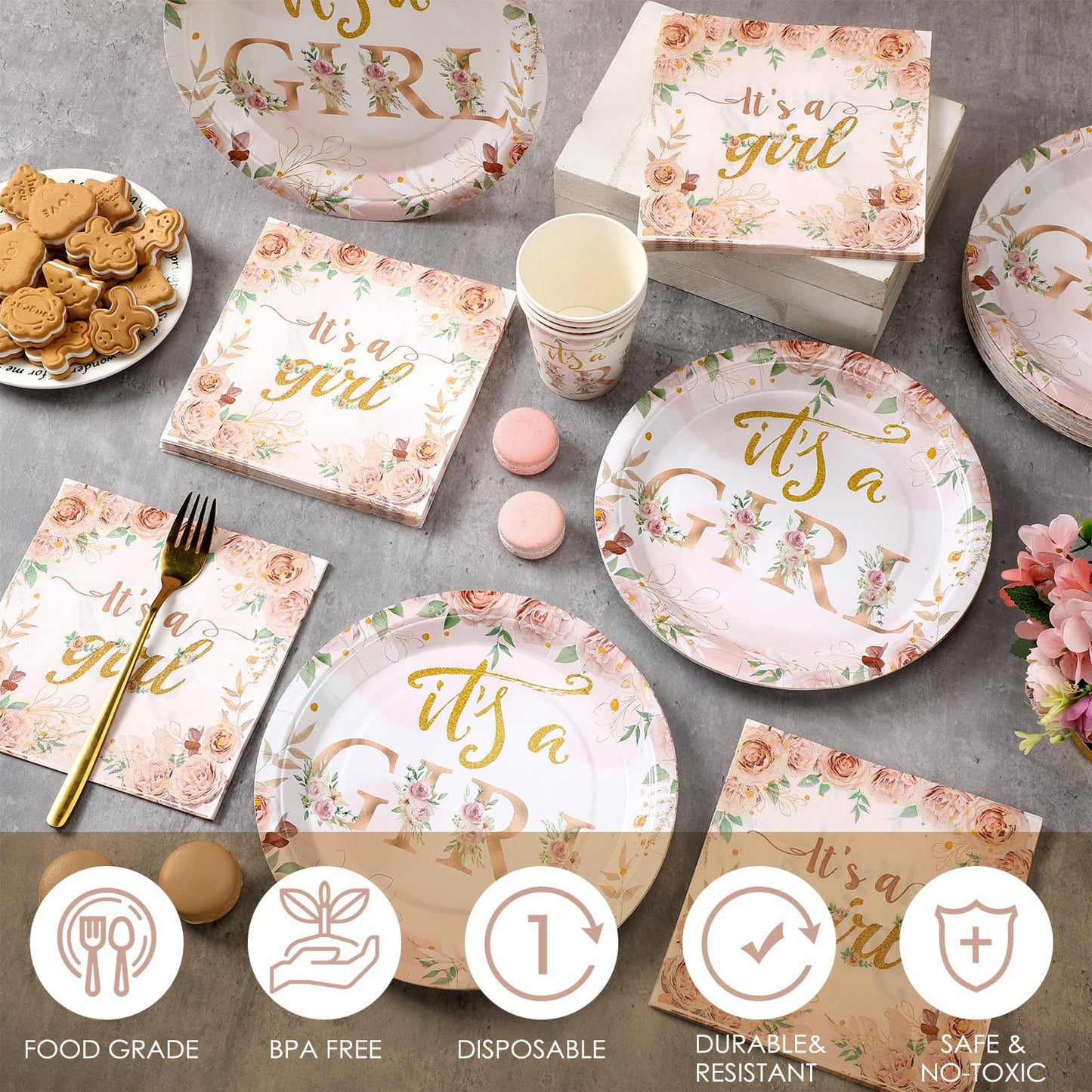 Hushee 200 Pcs Floral Baby Shower Paper Plates Napkins Cups Baby Shower Party Supplies Tableware Set Rose Gold Disposable Cup Na