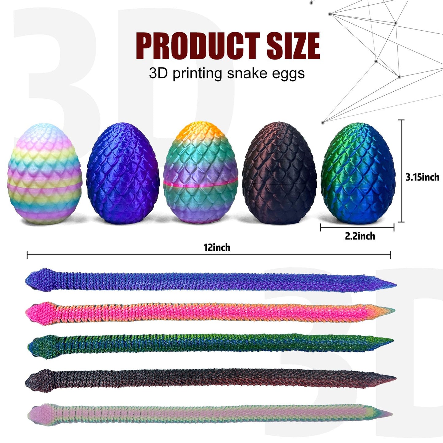 5PCS 3D Printed Snake Eggs 3D Printed Snake 3D Printed Snake Toys Set Easter Eggs Articulated Snake Easter Basket Stuffers Myste