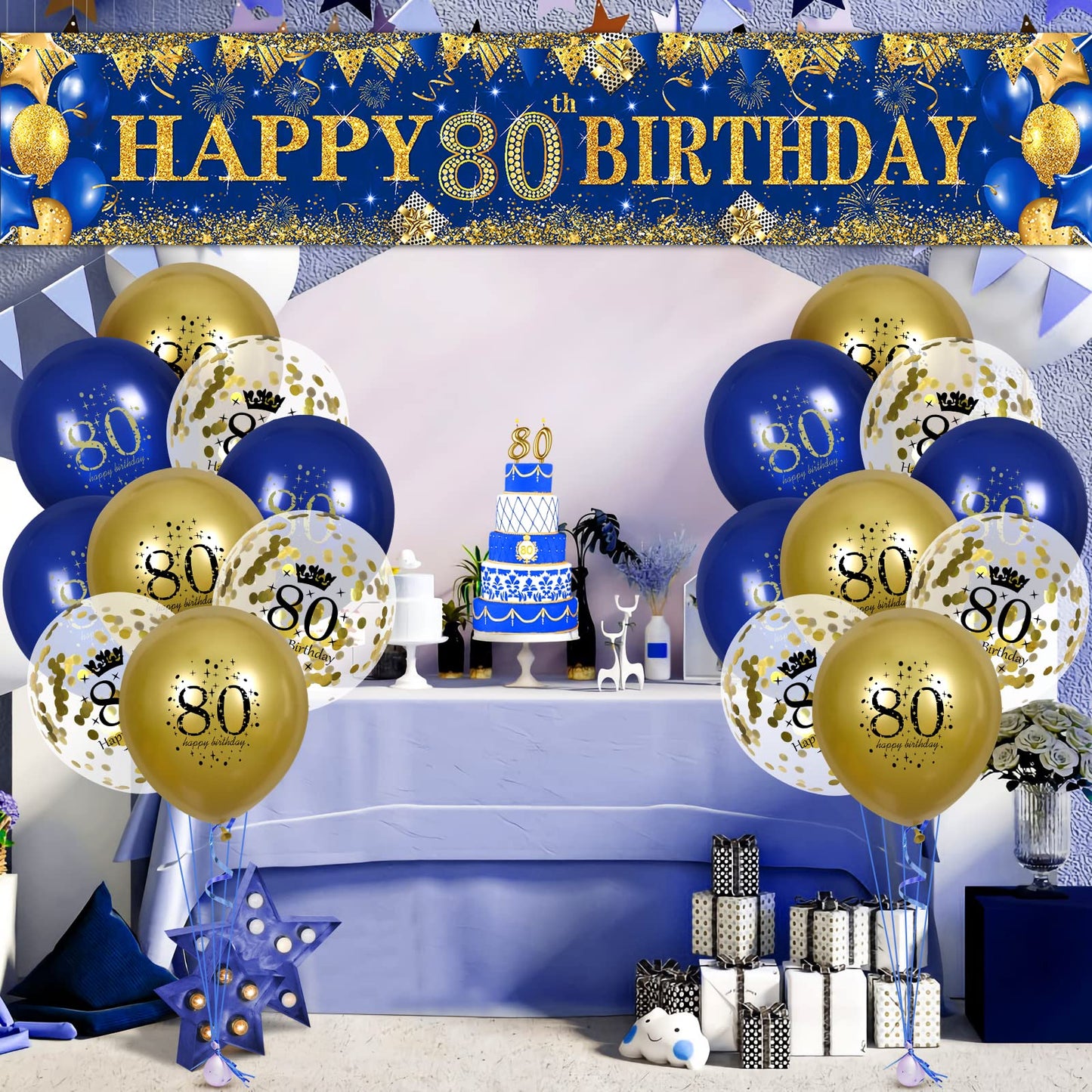 80Th Birthday Decorations For Men Women Blue And Gold,Navy Blue Gold Birthday Party Yard Banner 18 Pcs 80Th Happy Birthday Balloons For 80Th Anniversary Birthday Party Supplies Christmas Outdoor Decor
