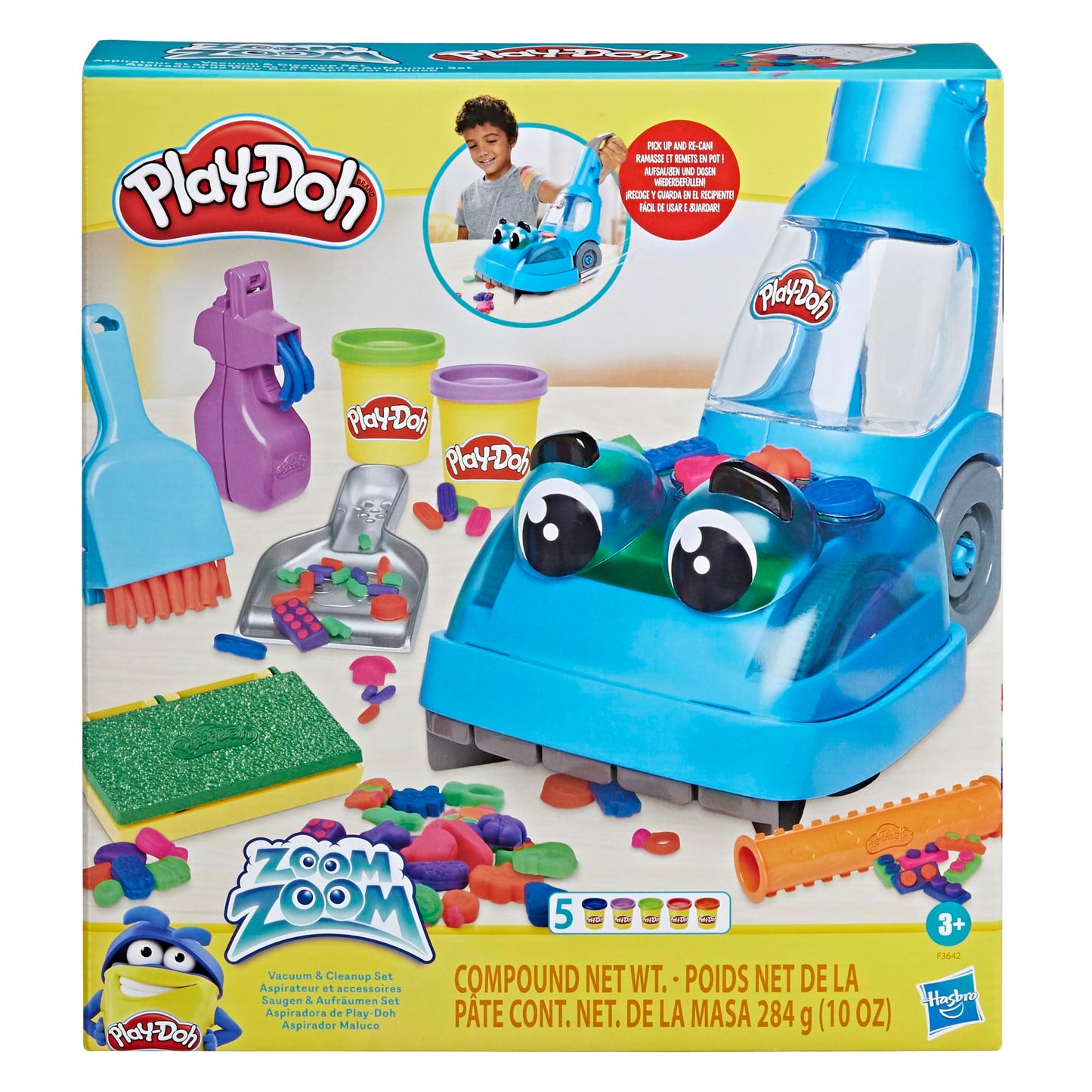 Play-Doh Zoom Vacuum and Cleanup Toy - Kids Cleaner, Small, Multicolor, Model F3642, 5 Cans Included