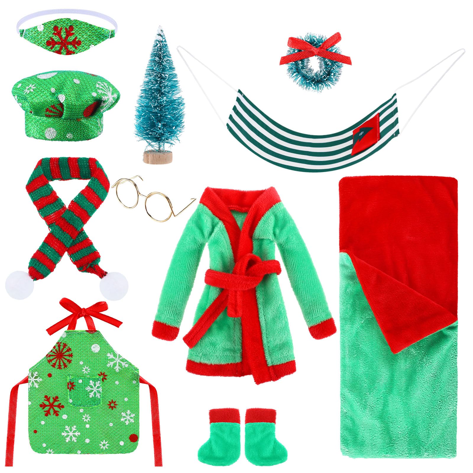 11 Pieces Christmas Elf Doll Accessories Set Include Elf Sleeping Bag Scarf Mask Bathrobe Shoes Hammock Apron Chef Hat Glasses C