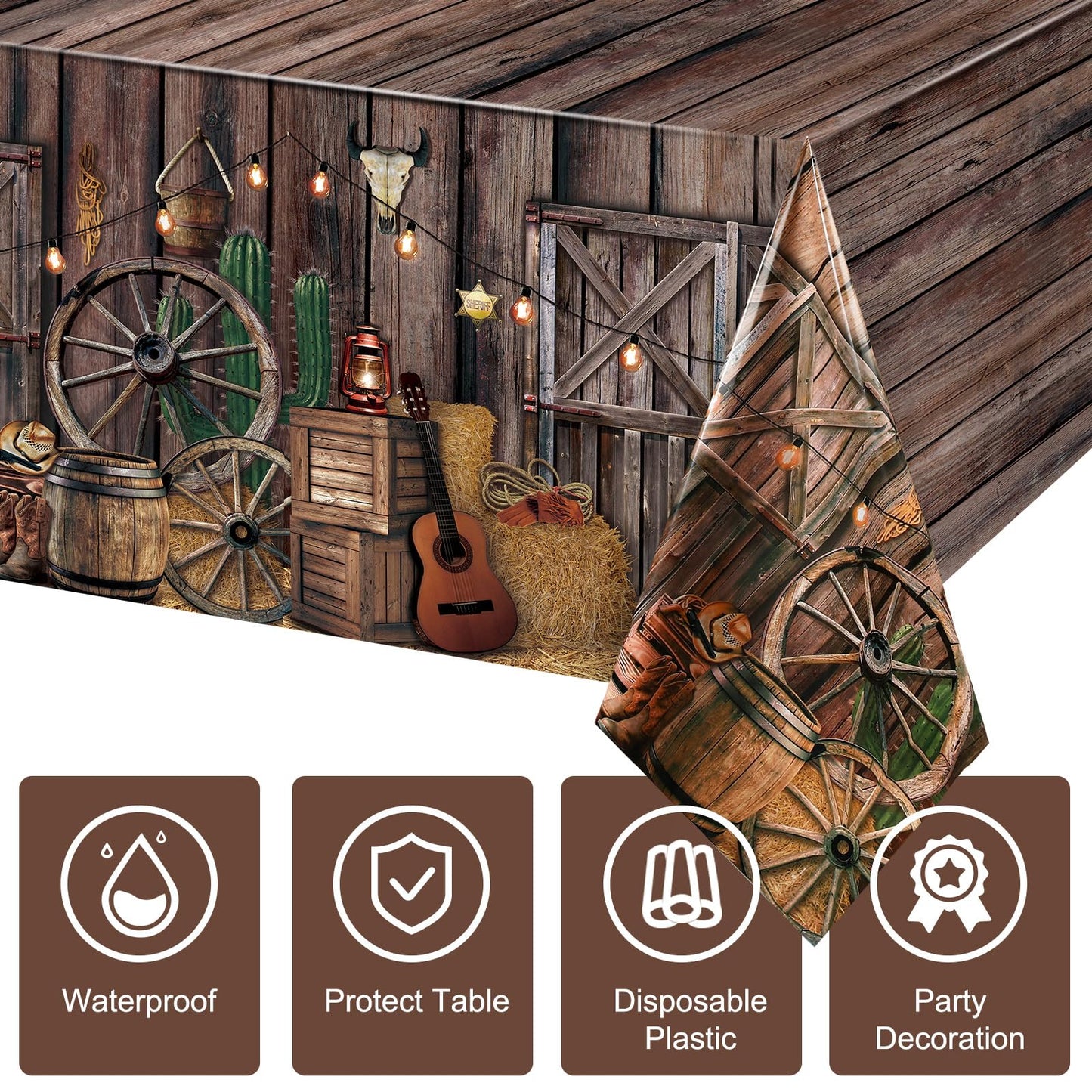 Tiamon 1 Pcs Western Party Tablecloth Western Cowboy Party Table Cover Cowboy Theme Plastic Tablecloth Wild West Wooden House Ta