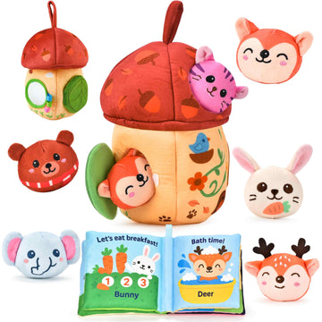 8-in-1 Montessori Toys for 1 Year Old & 6-12 Months Babies - Sensory Developmental Playset with Acorn House, Plush Animals & Clo
