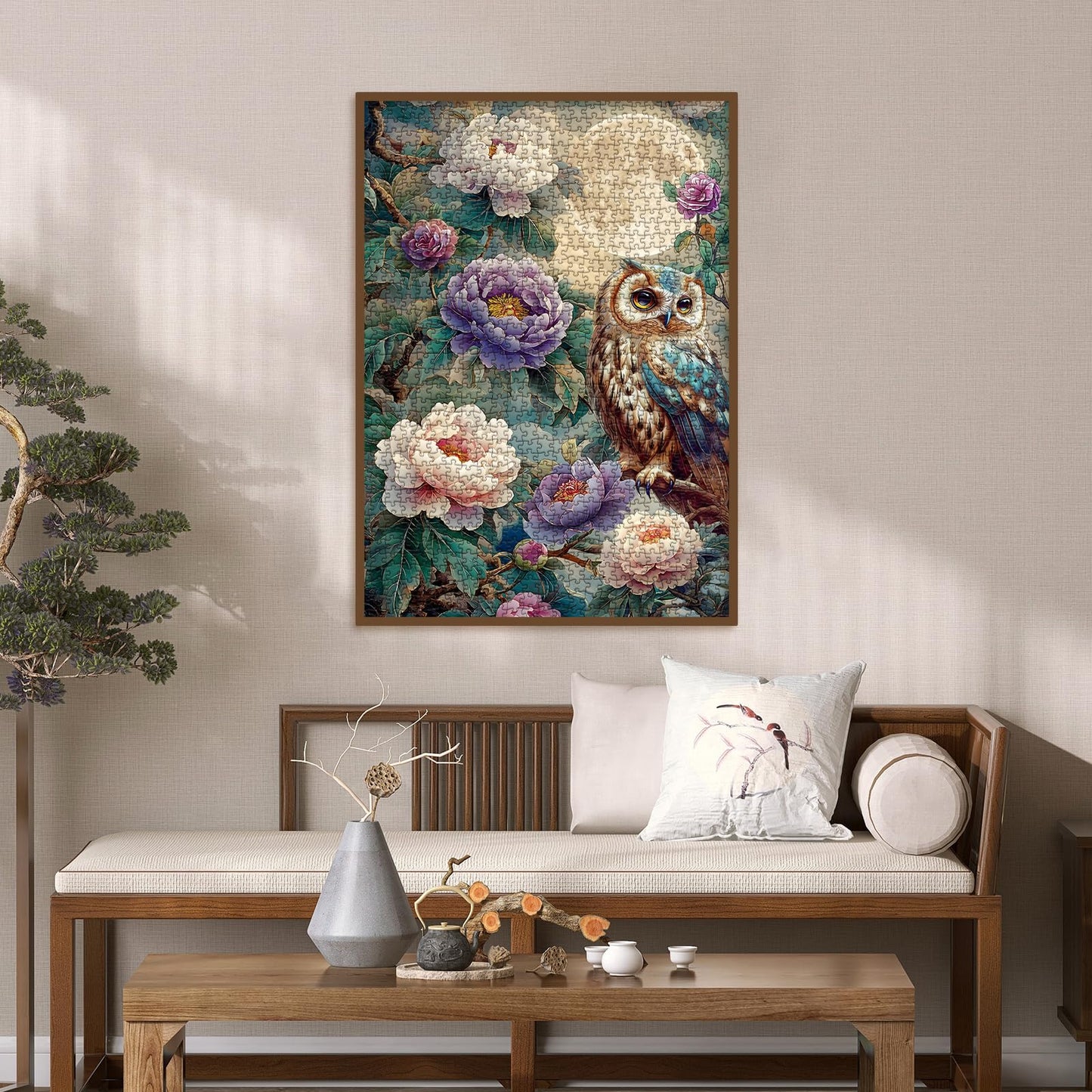 Vintage Owl Puzzles For Adults 1000 Pieces, Pretty Flower Nature Plant Peony Jigsaw Puzzles, Art Beautiful Bird Moon Floral Puzz