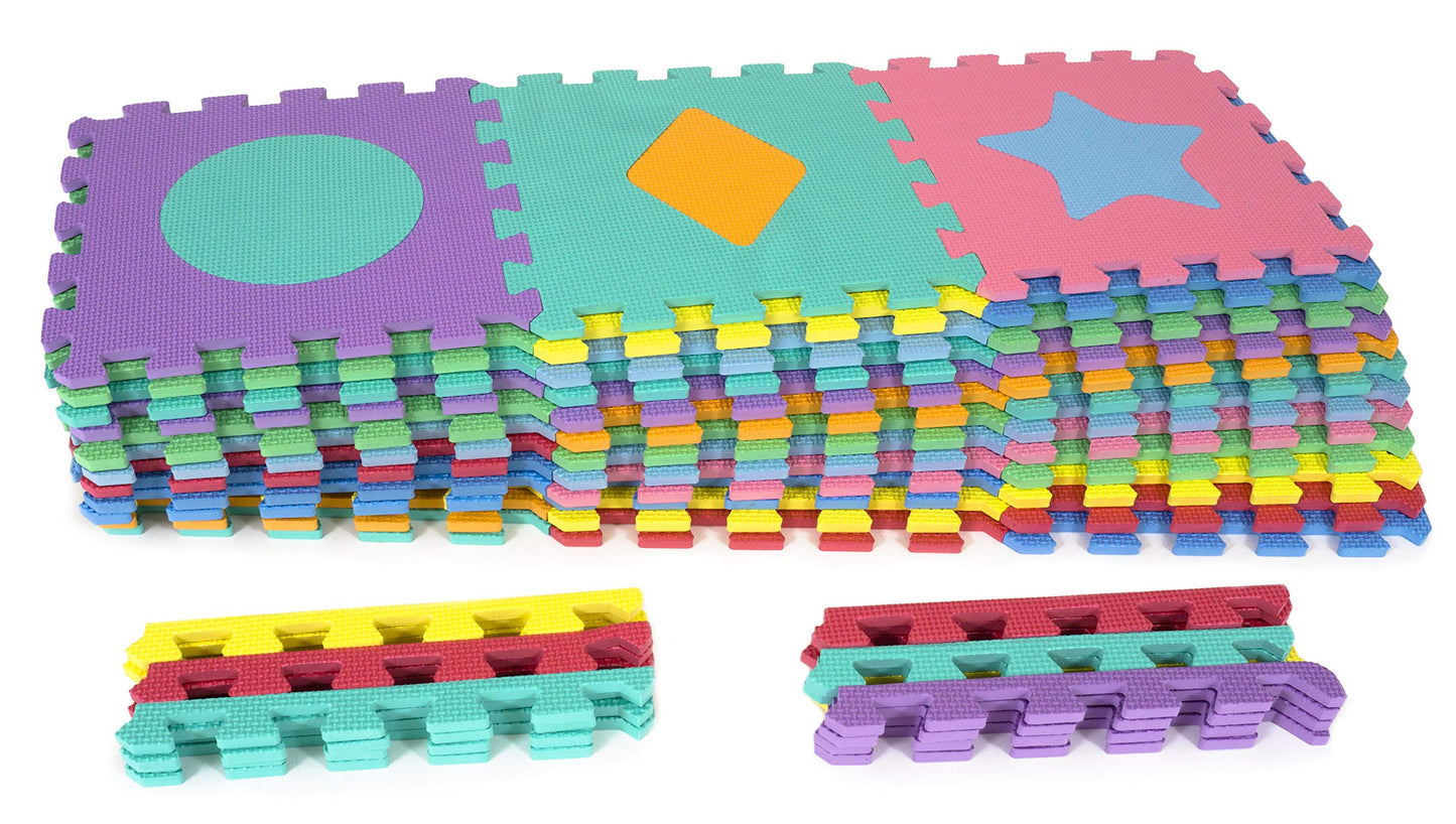 Prosource Kids Foam Puzzle Floor Play Mat With Shapes & Colors 36 Tiles, 12'X12' And 24 Borders