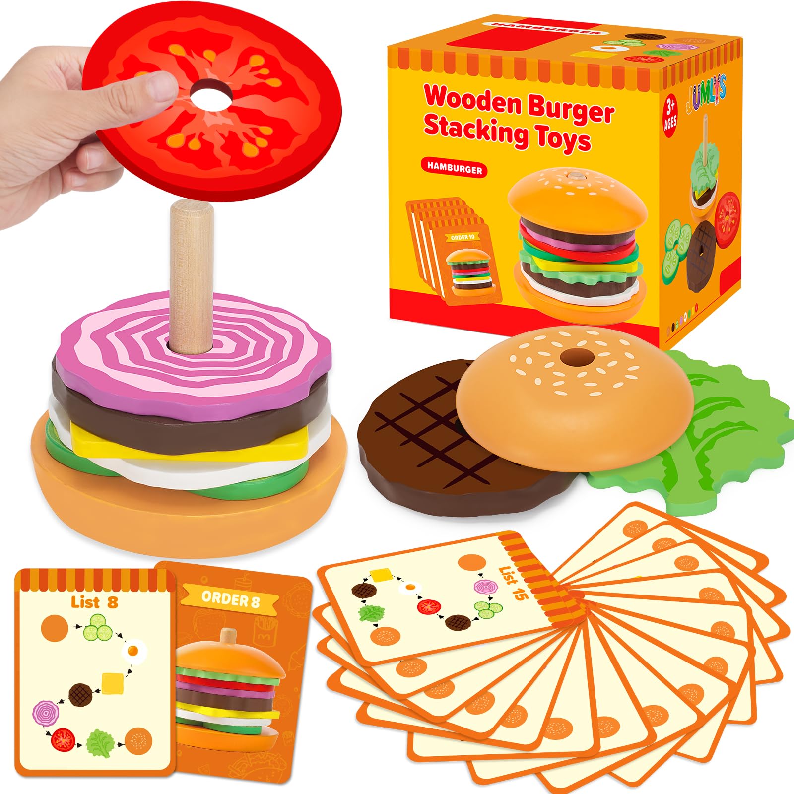 Jumlys Montessori Toys For 2, 3, 4, 5, Year Old, Wooden Burger Stacking Toys, Fine Motor Toys For Kids Boys Girls, Ideal Prescho