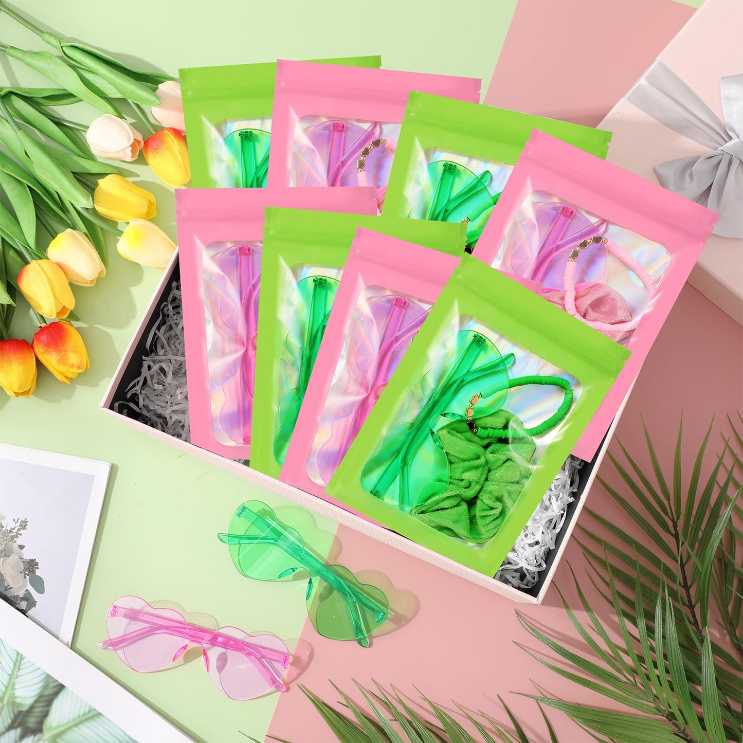 XunYee 96 Pcs Witch Theme Party Favor Supplies Pink and Green Velvet Hair Scrunchies Friendship Bracelets Sunglasses Bags 24 Set