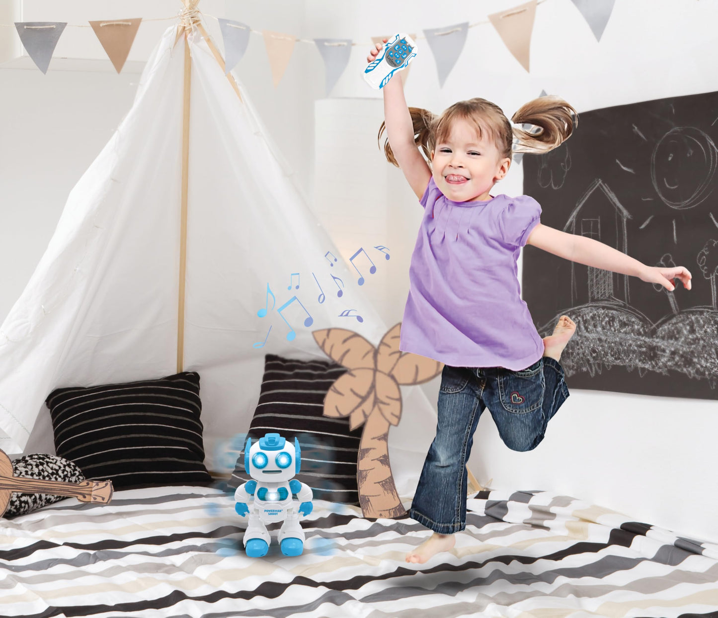 LEXiBOOK  Powerman Shoot - My First tossing-disc Robot  Programmable Remote Control Robot  Plays Music and Dances  Sound and Light Effects  12 Foam Discs  ROB17  White/Blue