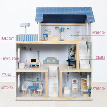 Lil' Jumbl Kids Wooden Dollhouse, 17-Piece Accessories & Furniture Are Included, With Balcony & Stairs, 3 Story Easy To Assemble