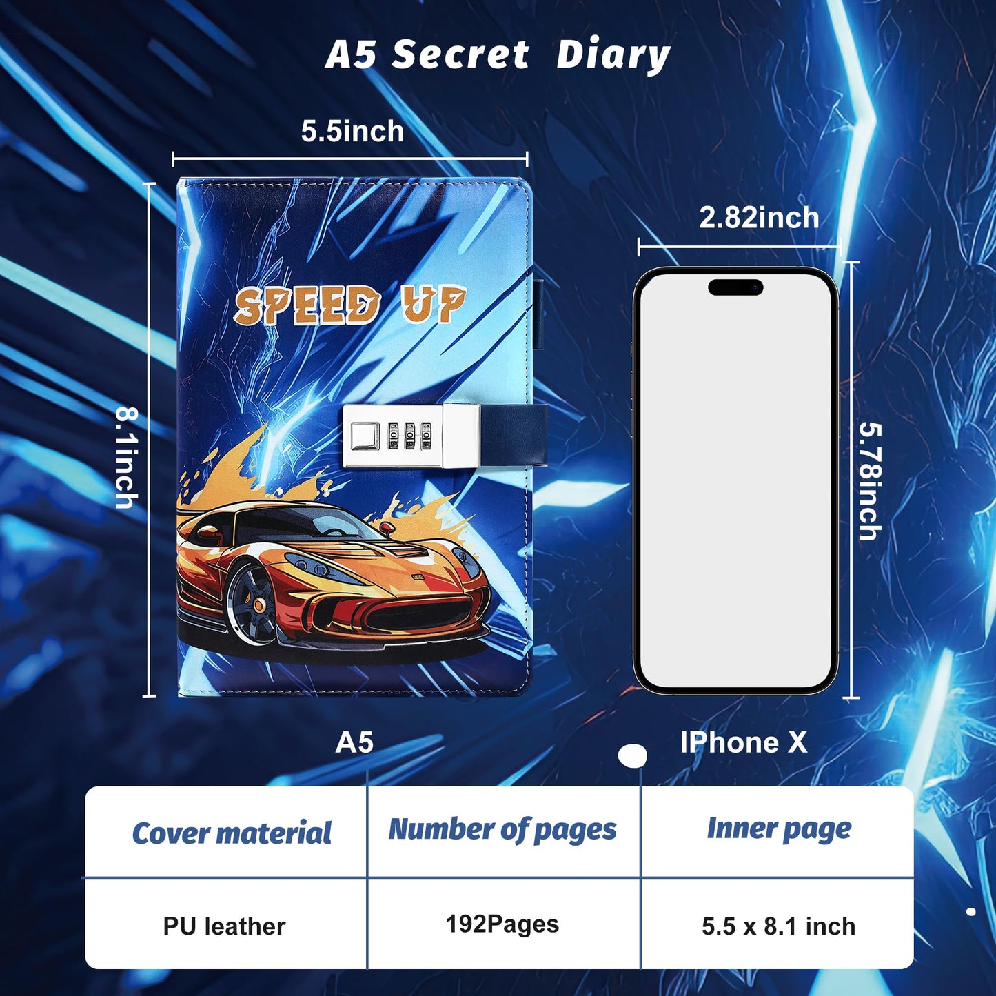 Cagie Diary With Lock For Teens Who Like Supercar, Gifts For Teen Girls And Boys 12-18 Securely Guard Secrets Journal With Lock, 5.5 X 8.1 Inch Refillable Diary With Pen